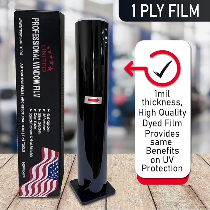 United Professional Window Tint 5% VLT 40" in x 100'Ft 1Ply Dyed Upgraded Film - Privacy Window Tint for Car, Home, Blocks UV/IR Rays, Reduce Heat & Glare - Adhesive Window Film Standard Black Color