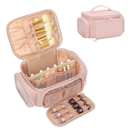 OCHEAL Large Makeup Bag,Cosmetic Organizer for Women with Zipper Pouch and Side Pocket, Multifunctional Compartments and Dividers,Travel Makeup Case for Toiletries, Brushes & Beauty Tools-Pink