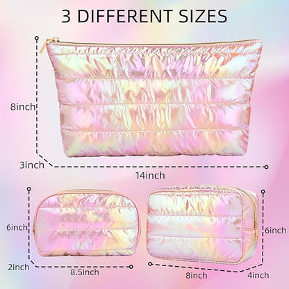 Hiroyuki Iridescent Quilted Makeup Bag, 3pcs Cute Makeup Bag Set, Large Capacity Cosmetic Organizer Travel Toiletry Pouch (plain, pink)