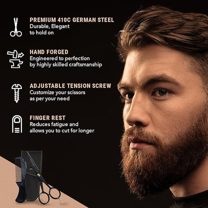 Ontaki Professional Beard Scissors for Men - 5 in Hand-Forged Black 410C German Steel - Includes 2 Combs & PU Pouch - Beard & Mustache Grooming Kit