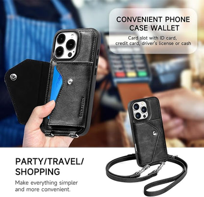 LUCKYCOIN Crossbody Wallet Phone Case for iPhone 16 Pro,100% Genuine Leather Wallet Phone Case with Expandable Flip Card Holder,Phone Purse for Women with Adjustable Removable Strap - Black