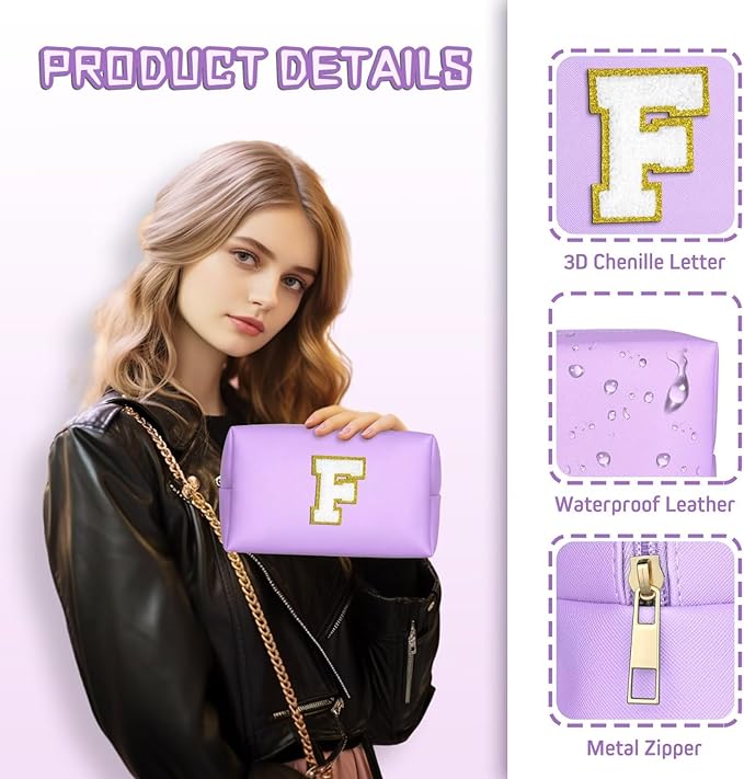 TOPEAST Initial Makeup Bags for Women, Cute Makeup Pouch, Waterproof Travel Toiletry Bag, Personalized Gifts for Girlfriend Wife on Valentine's Day Anniversary, Preppy Stuff Gift for Girl (Purple W)