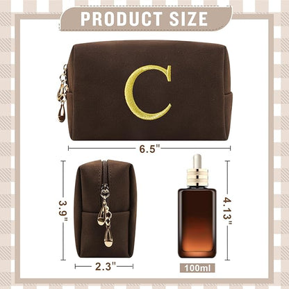 Personalized Initial Makeup Bag,Preppy Suede Cosmetic Bag for Teen Girls,Small Monogram Travel Toiletry Bag With Gold Embroidered Letter,Trendy Stuff Custom Christmas Gift for Women(Coffee-C)