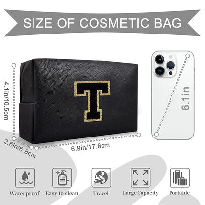 Personalized Initial A-Z Preppy Patch Makeup Bag,Small PU Chenille Letter Cosmetic Bag with Zipper for Teen Girls,Black Cute Toiletry Organizer Bag,Monogram Makeup Case Gift for Women Girls,Letter T