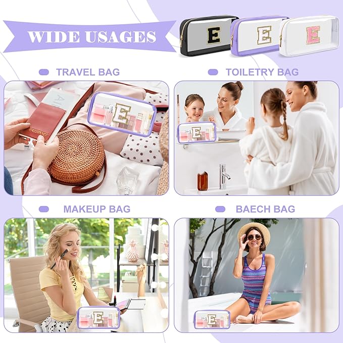 Personalized Initial Letter Clear Makeup Bag,Preppy Small Nylon&PVC Cosmetic Zipper Bag with Chenille Letter,Travel Skincare Toiletry Bag,Monogram Christmas Gift for Teen Girls Women,E