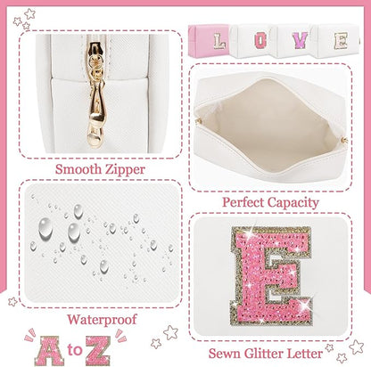Personalized Initial Letter Makeup Bag, Preppy Glitter Letter Patch Cosmetic Pouch Zipper,PU Waterproof Travel Toiletry Bag Cute Makeup Organizer Monogrammed Make Up Bag,Gift for Women Girls