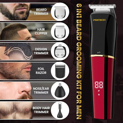 PRITECH Beard Trimmer for Men,6 in 1 Hair Clippers Kit, Precision Cordless Grooming Kit Waterproof IPX6 for Beard, Hair, Body, Nose, Ear, with Foil Razor (Red)