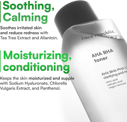 Face Republic AHA/BHA Toner 160ml 5.41 fl oz | Clarifying, Refining, Hydrating | Pore Care, Gentle Exfoliation | AHA BHA PHA LHA | for Oily, Sensitive Skin | Alcohol-Free | Vegan Korean Skincare