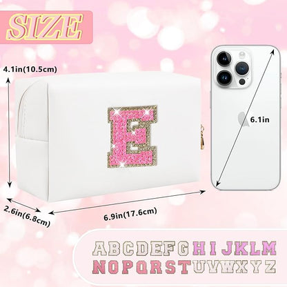 Personalized Initial Letter Makeup Bag, Preppy Glitter Letter Patch Cosmetic Pouch Zipper,PU Waterproof Travel Toiletry Bag Cute Makeup Organizer Monogrammed Make Up Bag,Gift for Women Girls(Letter E)