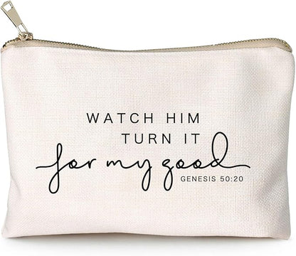Watch Him Turn It For My Good Makeup Bag Christian Quote Faith Bible Scripture Sayings Makeup Case Linen Cotton Travel Bag Makeup Pouch Sister Gift