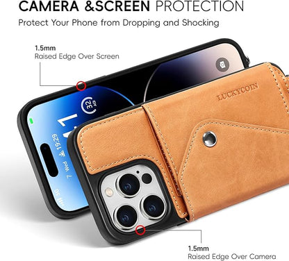 LUCKYCOIN Crossbody Wallet Phone Case for iPhone 14 Pro,100% Genuine Leather Wallet Phone Case with Expandable Flip Card Holder,Phone Purse for Women with Adjustable Removable Strap - Tan