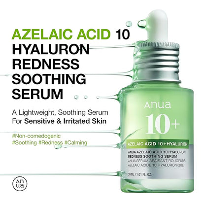 Anua Azelaic Acid 10 Hyaluron Redness Soothing Serum, Facial Serum for Troubled & Sensitive skin, Breakouts, Hyaluronic Acid, Niacinamide, Spot Care, Natural Color, Korean Skincare (30ml/ 1.01 fl oz.)