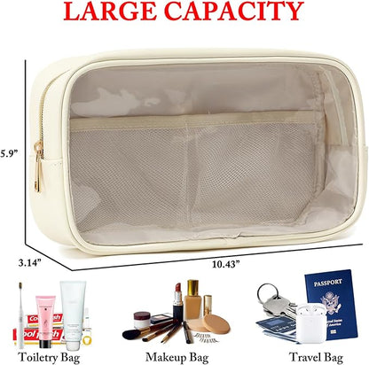 Clear Makeup Bag with 2 Customizable Chenille Letters - Waterproof PU Leather Cosmetic Case, Large Personalized Toiletry Pouch for Women & Teens, Ideal for Travel & Gift