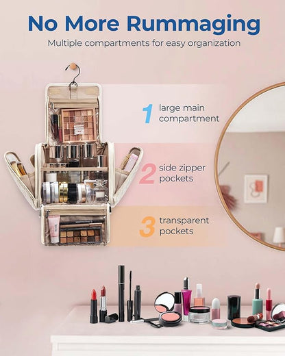 BAGSMART Makeup Bag for Women with Hanging Hook, Large Portable Capacity Water-resistant Organizer Travel Case for Toiletries and Cosmetics, Pink