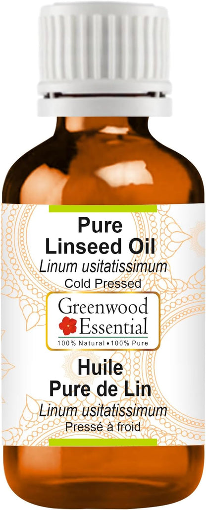 Greenwood Essential Linseed Oil (Linum usitatissimum) | Cold Pressed | Natural | Undiluted | For Diluting Essential Oils | For Skin & Massage | Men & Women | 30ml (1 oz)