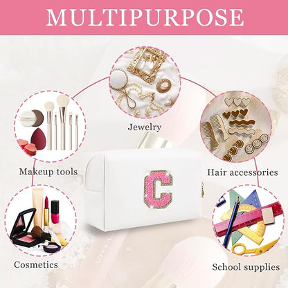 Personalized Initial Letter Makeup Bag, Preppy Glitter Letter Patch Cosmetic Pouch Zipper,PU Waterproof Travel Toiletry Bag Cute Makeup Organizer Monogrammed Make Up Bag,Gift for Women Girls