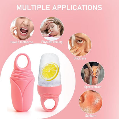 3 Pcs Facial Ice Roller Silicone Mold Reusable for Face Women and Eye Neck Cold Skin Care Tools Freezer De Puff Eyes Bags Reduce Migraine Pain Pink