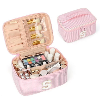 OCHEAL Makeup Bag for Women, Monogram Cosmetic Bag with Brush Holder, Pink Travel Makeup Case Beauty Toiletry Bag Organizer Personalized Gifts for Girls Bridesmaid, Sister, Wife, Friends Initial S