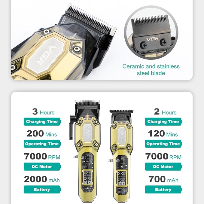 VGR Professional Hair Clippers for Men, Cordless Barber Clippers and Trimmers Set, Mens Hair Cutting Kit with 10 Guide Combs, USB Rechargeable Haircut Machine for Family, LED Display, Gold