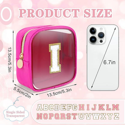 Mini Clear Personalized Initial Makeup Bag,Nylon Preppy A-Z Chenille Letter Patch Zipper Cosmetic Bag, Small Cute Beach Pouch Travel Purse Sanitary Napkin Storage Bag for Women Girls(Hot Pink-White I)