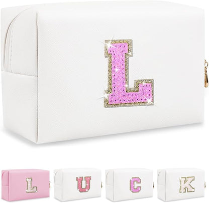 Initial Letter Patch Makeup Bag, Small Preppy A-Z Glitter Letter Cosmetic Bag, PU Leather Waterproof Travel Toiletry Bag, Cute Make Up Pouch Personalized Monogrammed Gift for Women Teen Girls