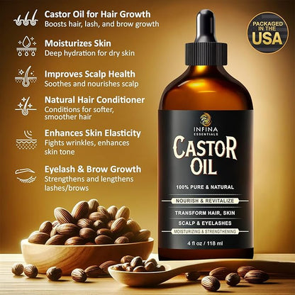 Pure Cold Pressed Hexane-Free Castor Oil - Glass Bottle for Hair Growth, Face, Scalp, Skin & Eyelashes - Nourishing & Moisturizing - 4 fl oz