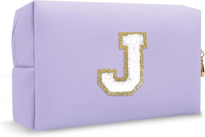 Personalized Preppy Small Travel Makeup Bag, Initial Purple Cute Chenille Letter Makeup Bag Cosmetic Zipper Pouch Toiletry Organizer,Waterproof PU Makeup Case Storage Preppy Stuff for Female(Letter J)