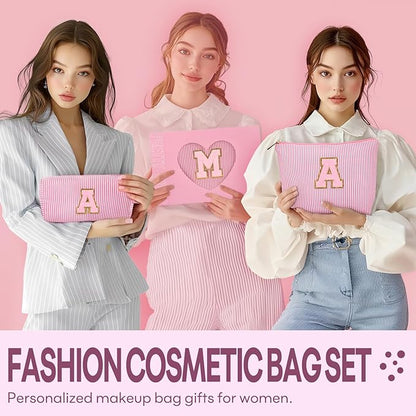 mibasies 2 PCS Initial Makeup Bags for Women: - Birthday Gifts for Teen Girls 11 12 13 14 15 16 Years Old - Preppy Trendy Stuff - Cosmetic Bag for Travel Toiletry - Pink M