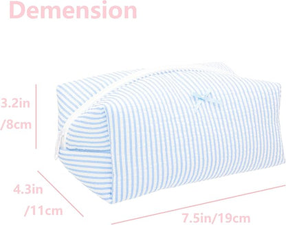 PAZIMIIK Cozy Makeup Bag Travel Cosmetic Bag for Women Soft Toiletry Bag Aesthetic Makeup Organizer Portable Large Zipper Pouch for Skincare Beauty Accessories Brushes Stripe Blue