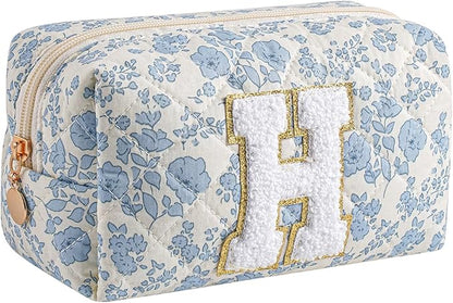 Gleyemor Personalized Initial Makeup Bag for Women, Cute Quilted Blue Floral Cotton Cosmetic Bag, Christmas Gifts for Her Mom Friend Sister Bridesmaid Teacher Women H
