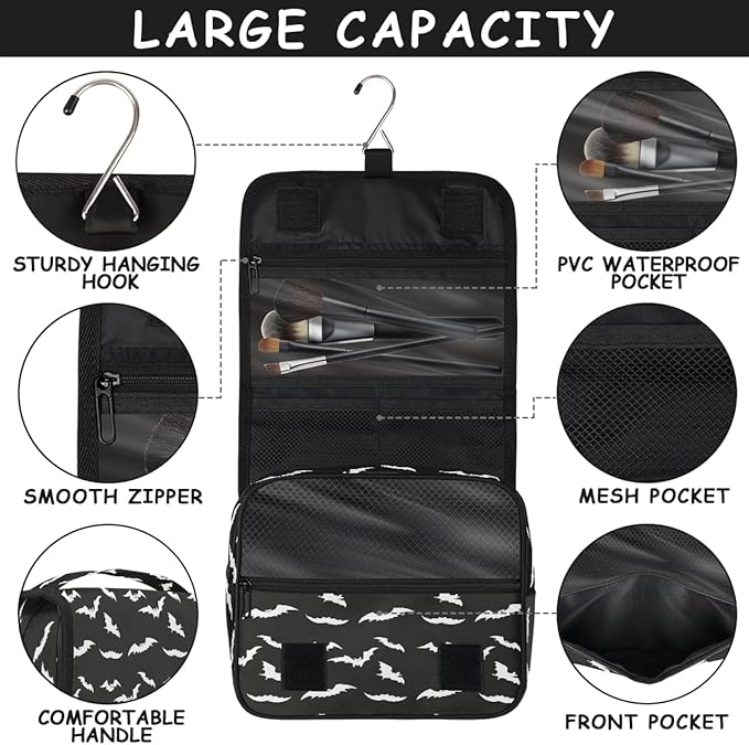 Travel Toiletry Bag for Women & Men Black Bat Modern Hanging Cosmetic Organizer Portable Waterproof Makeup Case Make Up Bag with Compartments Travel Essentials for Bathroom Shower