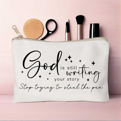 God is Still Writing Your Story Travel Bag Funny Christian Women of the Bible Makeup Bag Bible Quote Christian Quotes Scripture Makeup Pouch Linen Cotton Bag