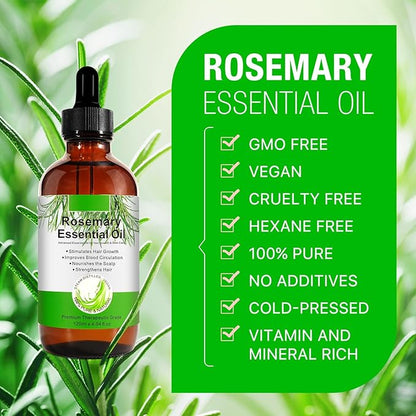 Rosemary Oil for Hair Growth, 4Fl Oz Pure Rosemary Essential Oils Repair Dry Damaged Hair, Nourishing Scalp, for Skin Care and Aromatherapy