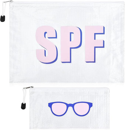 SOIDRAM 2PCS SPF Makeup Bag Clear Zippered SPF Bag Cosmetic Pouch Waterproof Travel Toiletry Organizer for Women Varsity Letter Patch Beach Pool Essentials