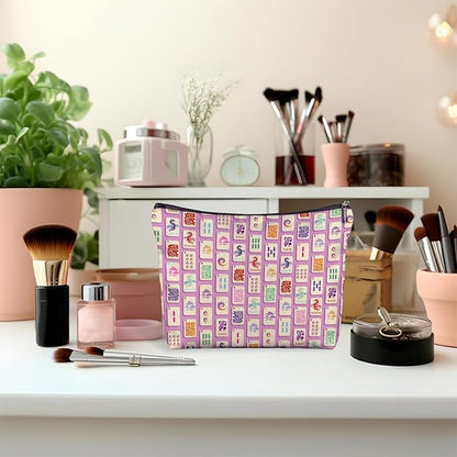 Pink And Cute Mahjong Tiles Makeup Bag, Mahjong Gifts for Women Cosmetic Bags, Gifts for Mah Jong Players Lovers Makeup Zipper Pouch