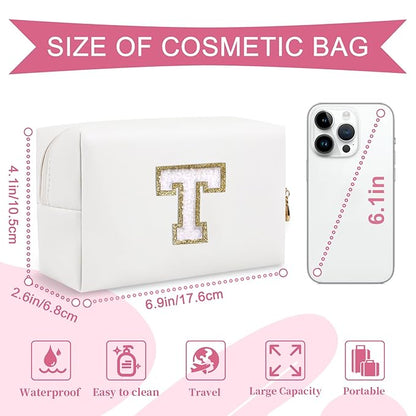 Small Personalized Initial A-Z Preppy Patch Makeup Bag,White PU Chenille Letter Travel Cosmetic Pouch with Zipper,Cute Toiletry Bag,Gift Ideal for Teen Girls Women Teacher Bridesmaid,Letter T