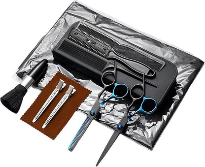 Hair Cutting Scissors Kit 11PCS, Professional Haircut Scissors with Japanese Stainless Steel Shears, Thinning Shears, Haircut Accessories in Leather Case for Salon/Home (Black - Blue)