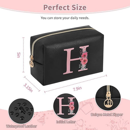 Personalized Initial Makeup Bag, Birthday Gifts for Women and Girls, Small Makeup Pouch Travel Toiletry Bag, Make Up Organizer Bag Gift Trendy Stuff for Friend Mom Teacher, Black