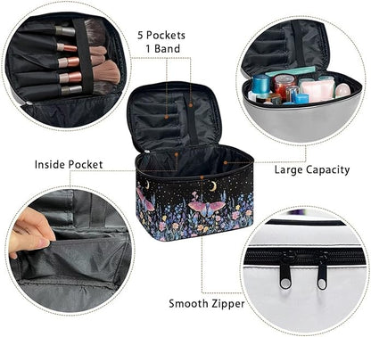 Butterfly Floral Moon Starry Night Print Travel Makeup Bags for Women Portable Tote Cosmetic Case with Carry Handle Toiletry Accessories Storage Organizer Bags