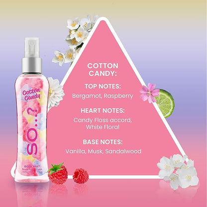 So...? Cotton Candy Body Mist Perfume for Women - Sweet Vanilla Perfume with Notes of Bergamot, Raspberry, Candy Floss - Gifts for Women - 3.5 oz