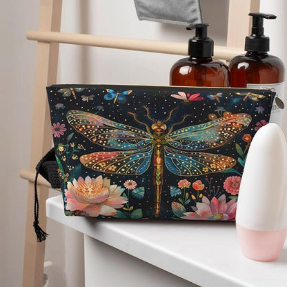 Womens Leather Makeup Bag Cosmetic Bag Travel Toiletry Bags Make Up Bags for Women Adult (Floral Dragonfly)