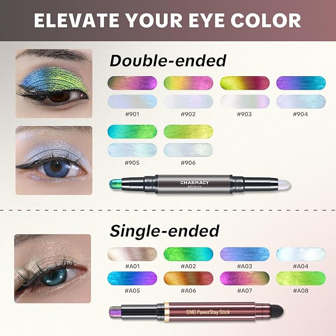 CHARMACY Multichrome 2 in 1 Cream Eyeshadow Stick, Waterproof Eye Brightener Highlighter Stick Makeup, High Pigmented, Smudge-Proof, Vegan & Cruelty-Free (905)