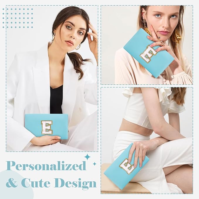 Small Personalized Initial A-Z Preppy Patch Makeup Bag,PU Chenille Letter Travel Cosmetic Pouch with Zipper,Blue Cute Toiletry Bag,Gift Ideal for Teen Girls Women Teacher Bridesmaid,Letter E