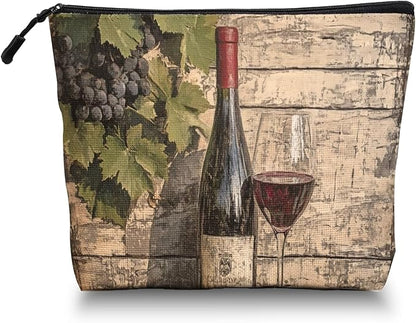 Cosmetic Bags Travel Makeup Toilet Case Waterproof Pouch for Women Girls 6.7X9.45inches - Glass And Grapes on An Aged Wooden Background