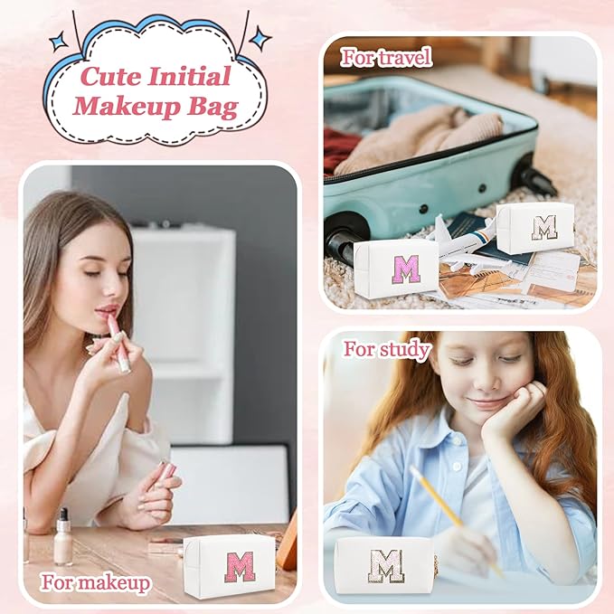 Initial Patch Makeup Bag, Small Preppy A-Z Glitter Cosmetic Bag, PU Leather Waterproof Travel Toiletry Bag, Cute Make Up Pouch Personalized Monogrammed Gift for Women Teen Girls (Letter M)