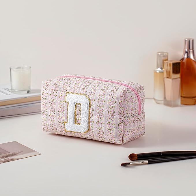 JOVAKIT Alphabet Makeup Bag Cosmetic Bag for Women, Christmas Gifts for Girls Age 6-18, Floral Flowers Coquette Travel Toiletry Zipper Make Up Pouch Organizer Trendy Stuff (Pink Floral D)