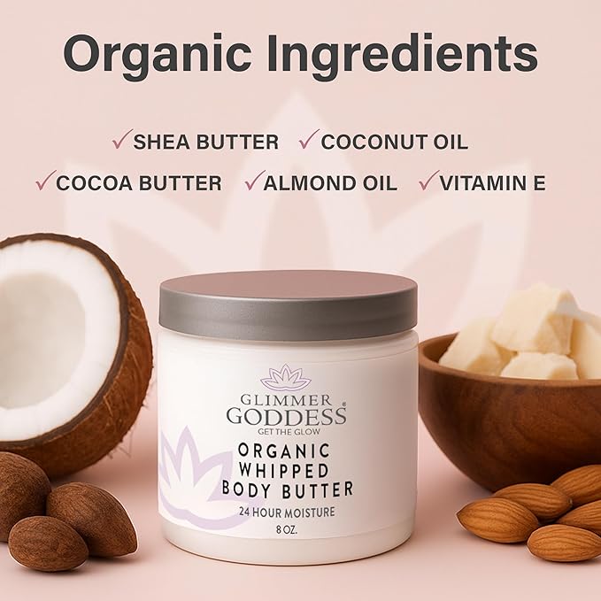 Glimmer Goddess Organic Whipped Body Butter for Women - Moisturizer Cream with Shea & Cocoa Butter, Almonds & Coconut Oil - Morrocan Mint, 8oz