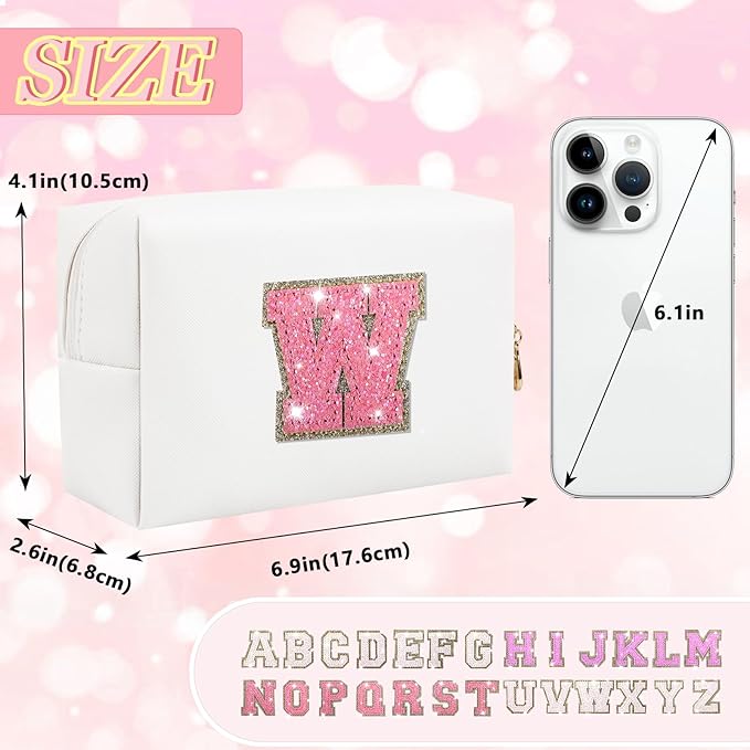 Personalized Initial Letter Patch Makeup Bag, Preppy Glitter Letter Makeup Organizer, Cute Monogrammed Pouch Cosmetic Bag PU Leather Waterproof Travel Toiletry Bag, Gift for Women Teen Girls