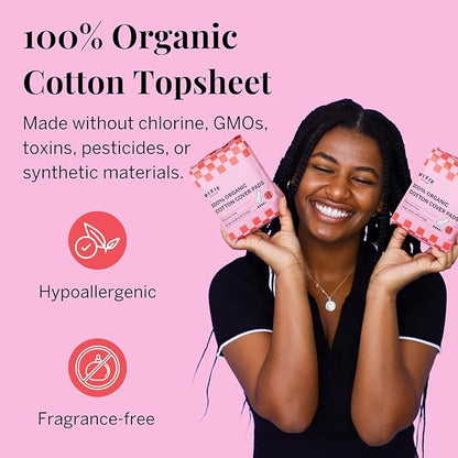 Pixie Organic Cotton Large Pads for Women - Extra Heavy Absorbency with Wings - Leak-Proof, Hypoallergenic & Unscented for Feminine Care - Compostable, Biodegradable - 48 Count