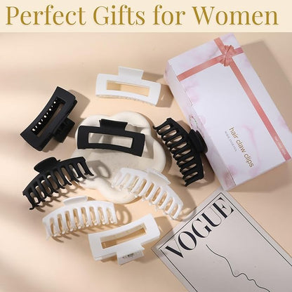 LuSeren 8 Pack White and Black Hair Clips for Women 4.3 Inch Large Hair Claw Clips for Women Thin Thick Curly Hair, Big Matte Banana Clips,Strong Hold jaw clips
